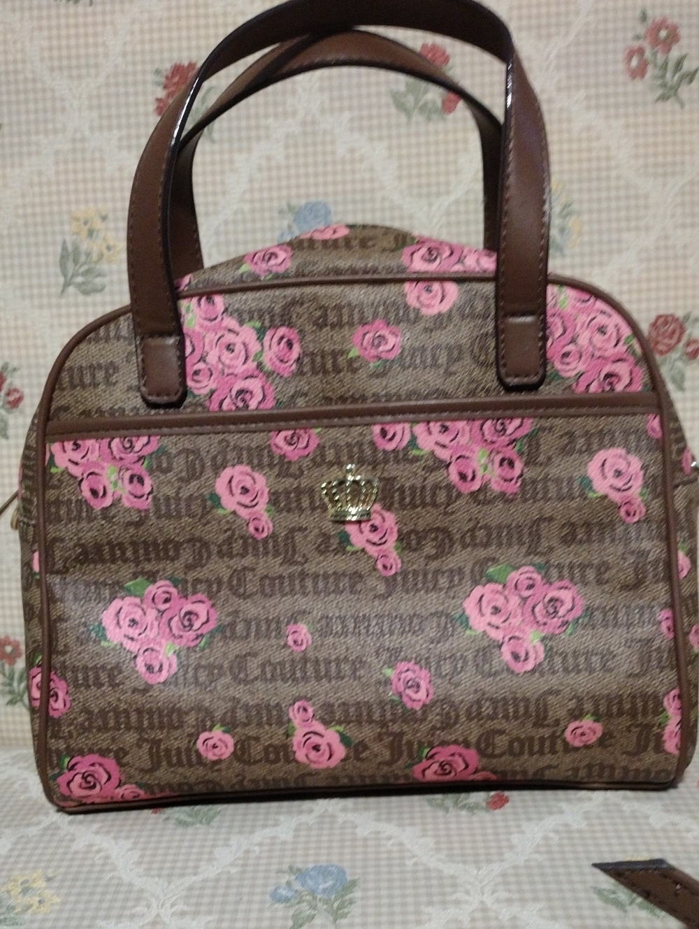 Juicy Couture Brown Satchel with Pink Rose Print